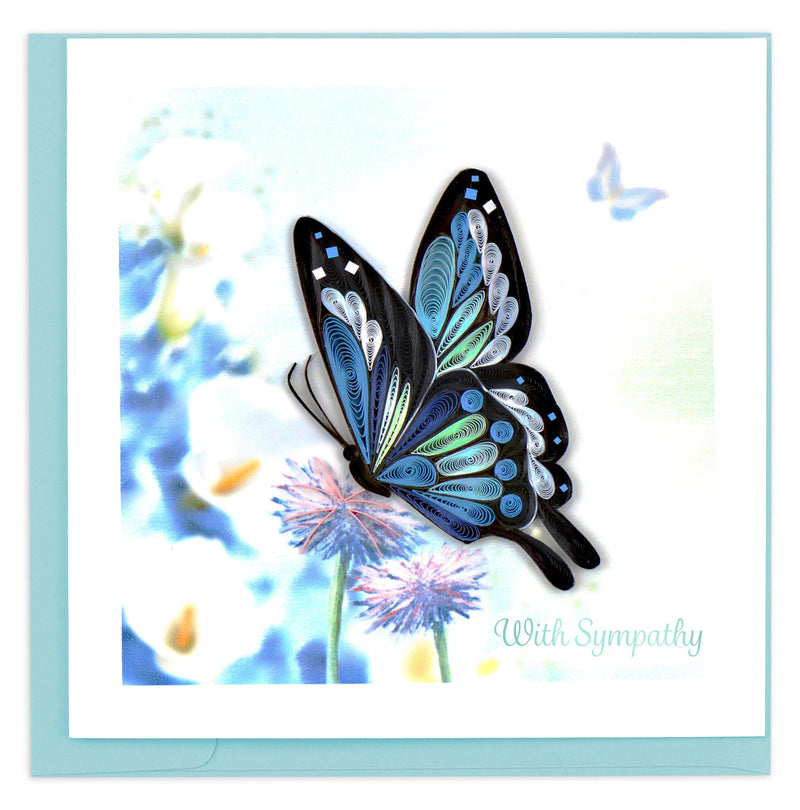 Quilled sympathy card with a blue butterfly and floral design. Includes “With Sympathy” message on the front.