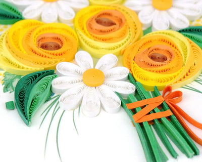 Handcrafted card with quilled yellow and white flower bouquet and “Thanks a Bunch” message. Light green envelope included.