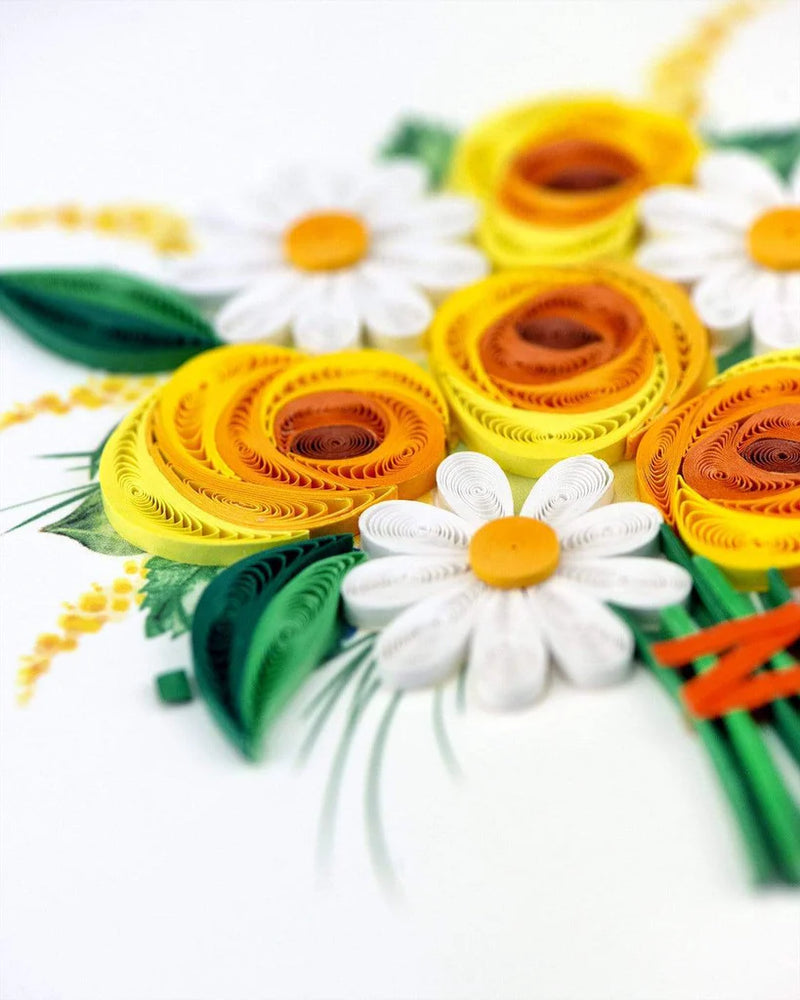 Handcrafted card with quilled yellow and white flower bouquet and “Thanks a Bunch” message. Light green envelope included.