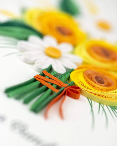 Handcrafted card with quilled yellow and white flower bouquet and “Thanks a Bunch” message. Light green envelope included.