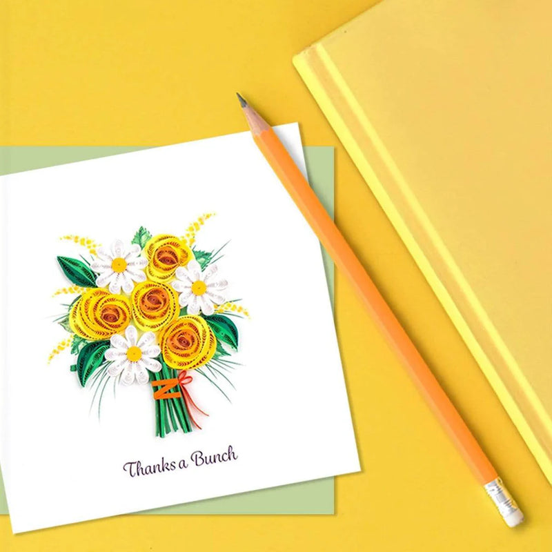 Handcrafted card with quilled yellow and white flower bouquet and “Thanks a Bunch” message. Light green envelope included.