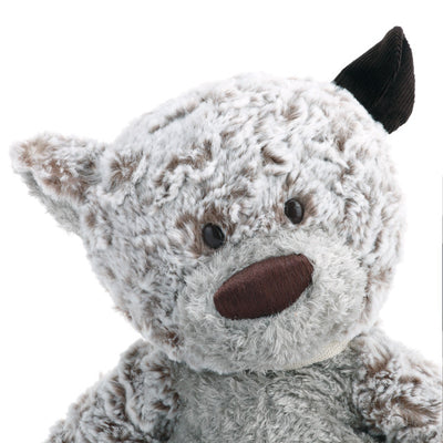 Large beige plush bear with a heart-shaped patch, soft fabric, 16 inches tall, ideal for giving as a heartfelt gift.