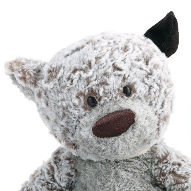 Large beige plush bear with a heart-shaped patch, soft fabric, 16 inches tall, ideal for giving as a heartfelt gift.