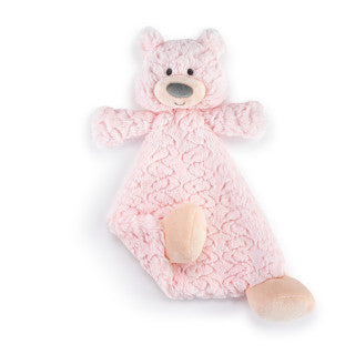 Pink plush bear rattle blankie with embroidered features, soft texture, and easy-to-hold shape, 13 inches wide.