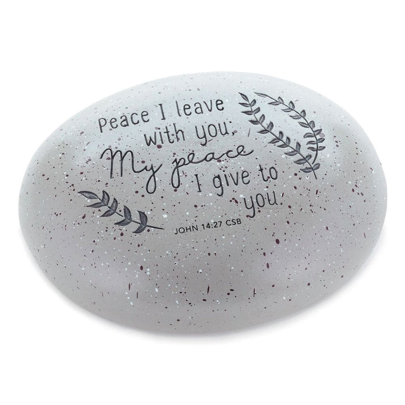 Garden stone featuring the scripture John 14:27, offering peace and encouragement with an inspirational faith-based message for outdoor spaces.

