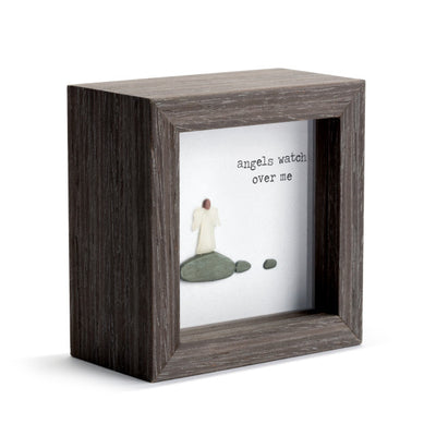  Angels Watch Over Me shadow box with pebble art by Sharon Nowlan, featuring inspirational coastal Nova Scotia design.

