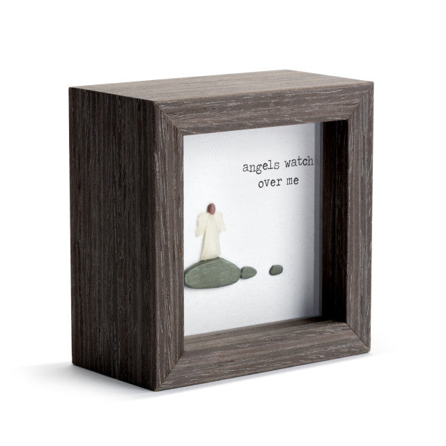  Angels Watch Over Me shadow box with pebble art by Sharon Nowlan, featuring inspirational coastal Nova Scotia design.

