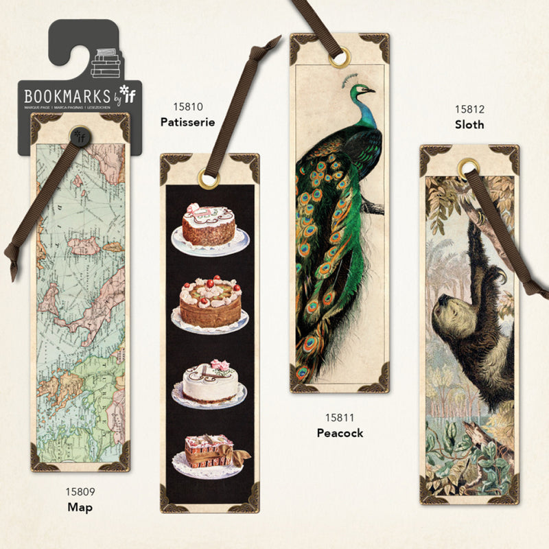 Vintage-style Patisserie bookmark on sepia card with brass eyelet, old gold ribbon, and debossed metal corner detailing.

