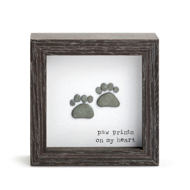 Wooden pet memorial shadow box with paw prints design and heartfelt message, ideal for remembering a beloved dog or cat.