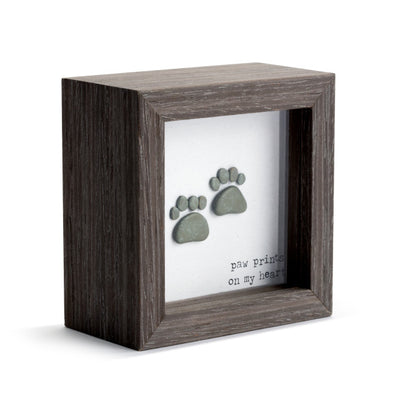 Wooden pet memorial shadow box with paw prints design and heartfelt message, ideal for remembering a beloved dog or cat.