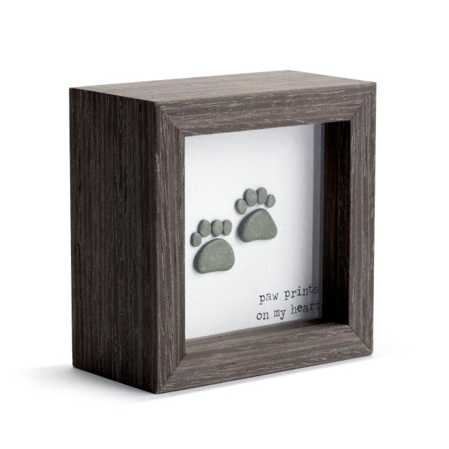 Wooden pet memorial shadow box with paw prints design and heartfelt message, ideal for remembering a beloved dog or cat.