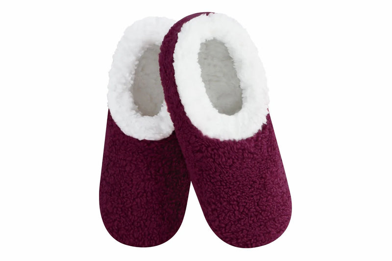 Burgundy teddy sherpa slippers with white lining, non-skid soles by Snoozies.