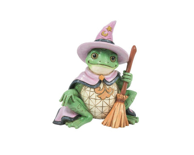 Jim Shore Mini Frog Witch with a starry pointed hat, broomstick, and purple cape, perfect for Halloween decor.