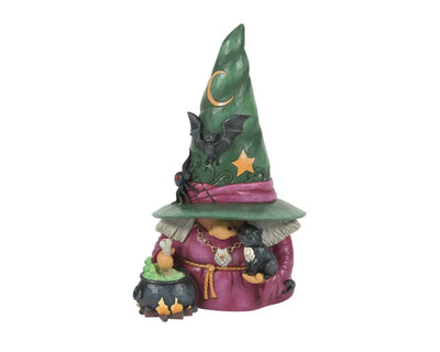 Jim Shore Witchful Thinking gnome with black cat, cauldron, and spooky details like a warty nose, starry green hat.