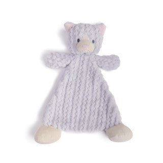 Gray plush cat rattle blankie with pink nose, embroidered eyes, soft velvety fabric, and a 13-inch cuddly shape.