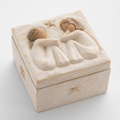 Willow Tree Friendship Keepsake Box with lid showing two seated women facing each other.