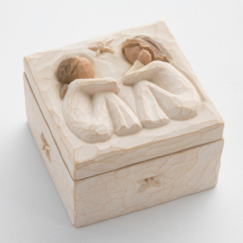 Willow Tree Friendship Keepsake Box with lid showing two seated women facing each other.