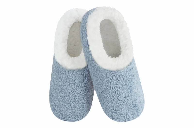 Periwinkle teddy sherpa slippers with white lining, non-skid soles by Snoozies.