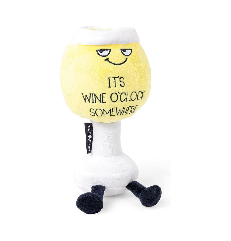 White wine glass plush with sunglasses and embroidered “It’s Wine O’Clock Somewhere” quote. Free-standing and ultra-soft.