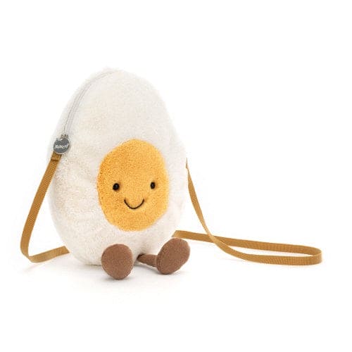 White Jellycat Amuseable Happy Boiled Egg Bag with mustard strap