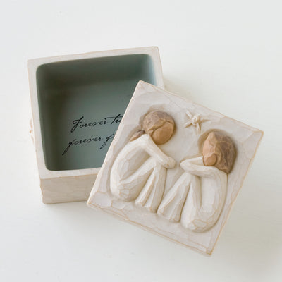 Willow Tree Friendship Keepsake Box with lid showing two seated women facing each other.