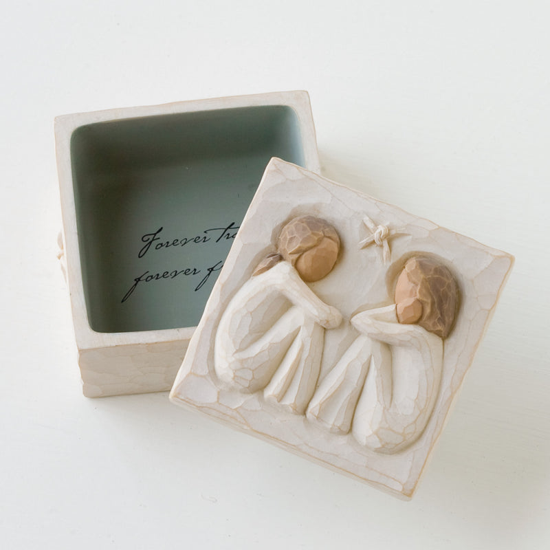 Willow Tree Friendship Keepsake Box with lid showing two seated women facing each other.