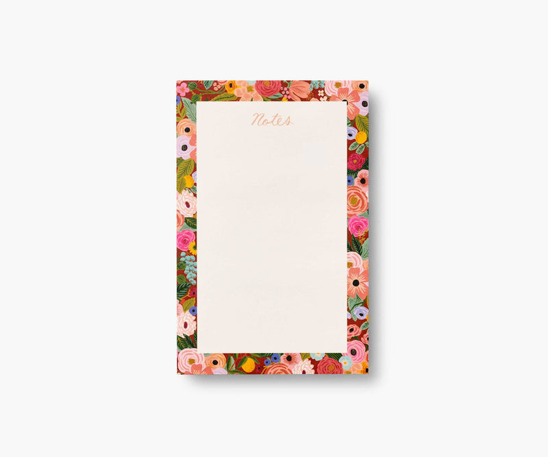 Rifle Paper Co. Garden Party notepad with floral border and blank white center, printed in full color on warm white tear-off pages.