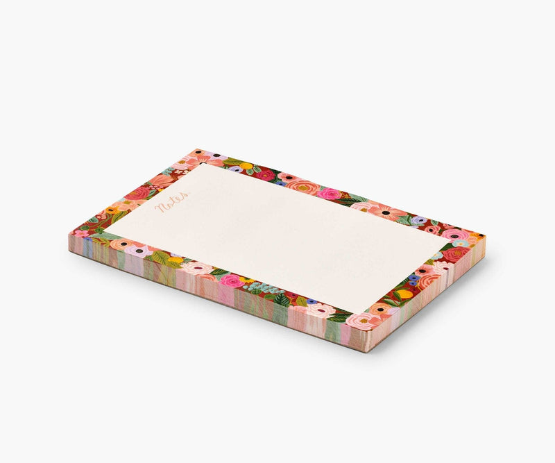 Rifle Paper Co. Garden Party notepad with floral border and blank white center, printed in full color on warm white tear-off pages.