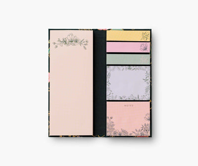 Rifle Paper Co. Colette floral sticky note folio featuring gold foil details and elastic band, includes three sizes of notepads inside.