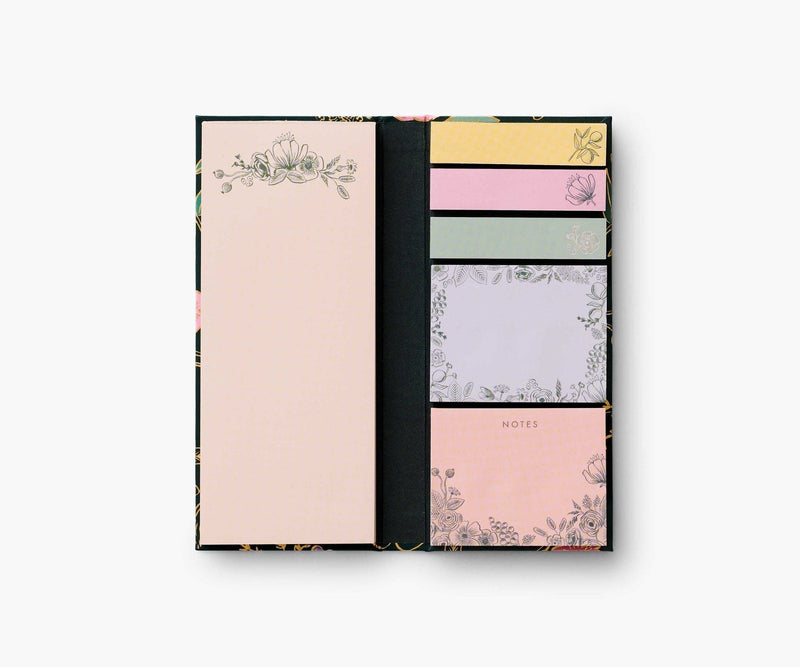 Rifle Paper Co. Colette floral sticky note folio featuring gold foil details and elastic band, includes three sizes of notepads inside.
