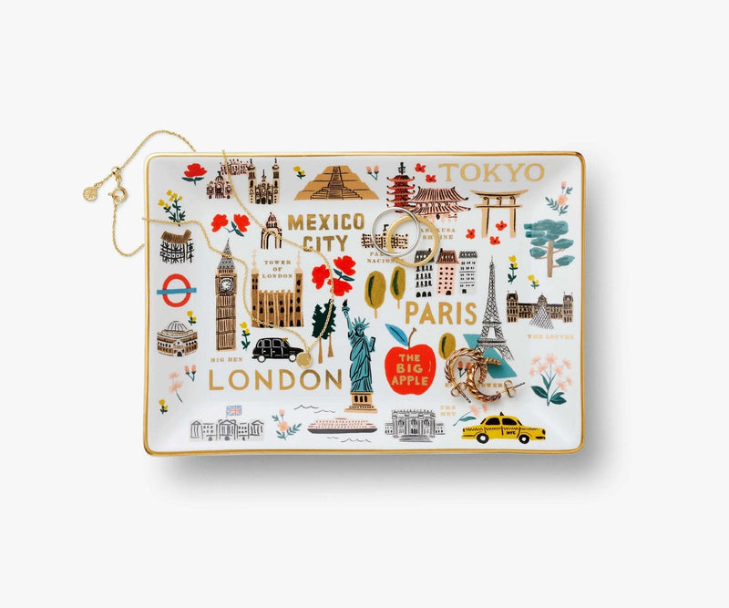 Rifle Paper Co. Bon Voyage porcelain tray featuring colorful travel icons and gold foil accents, ideal for jewelry or keys.
