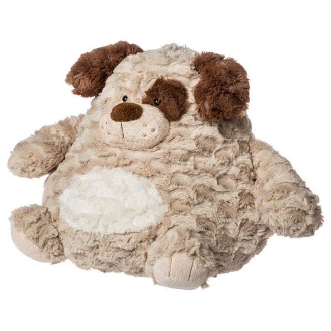 A 10-inch Puffernutter Puppy plush toy, soft and squishy, perfect for cuddles, travel, or room décor. Features round,  


