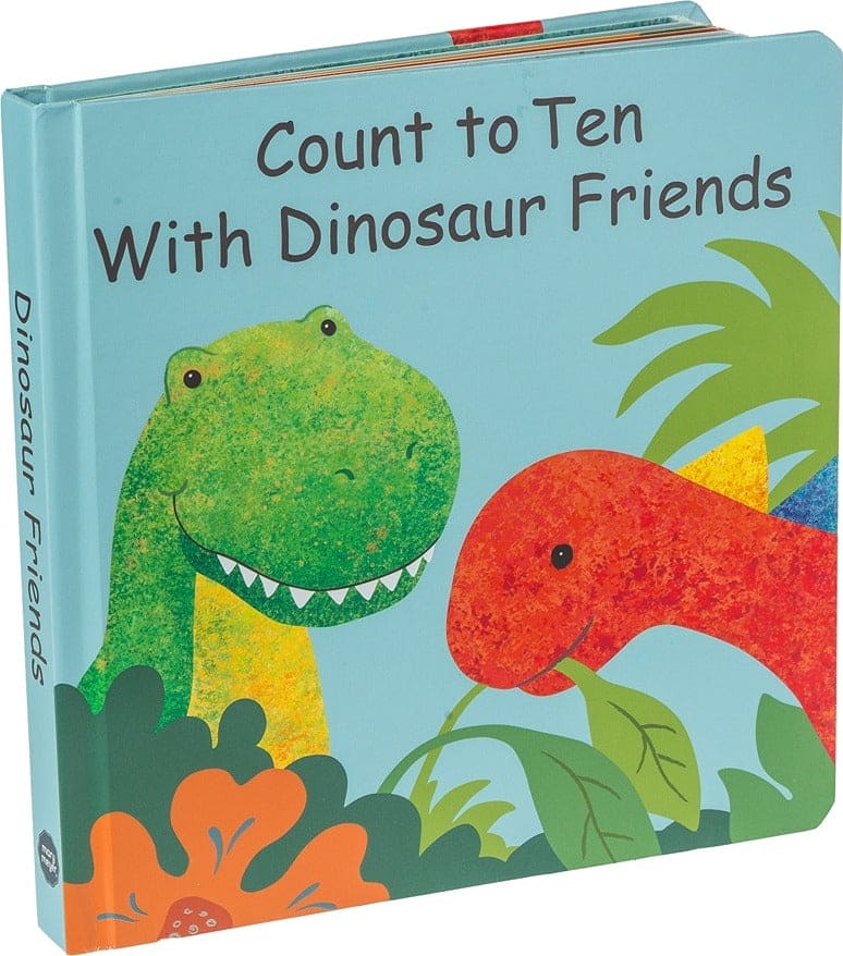 A colorful 8x8-inch dinosaur-themed board book titled "Count to Ten with Dinosaur Friends" featuring cheerful  dinos.
