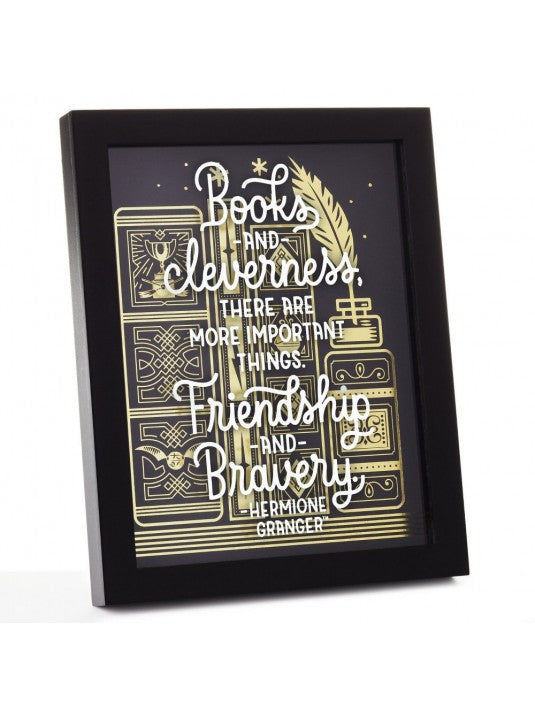 Hallmark Harry Potter Hermione quote framed sentiment with gold & white lettering on black over Wizarding World books design
