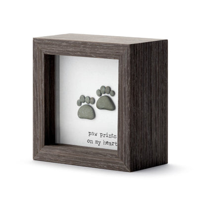 Wooden pet memorial shadow box with paw prints design and heartfelt message, ideal for remembering a beloved dog or cat.