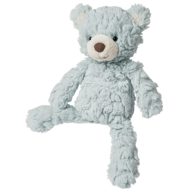 A small 11-inch seafoam-colored Putty Bear with luxurious fabric and understated design. Soft, textured fabric 