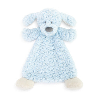 Tan plush dog rattle blankie with floppy ears, embroidered face, and ultra-soft textured fabric, 13 inches wide.