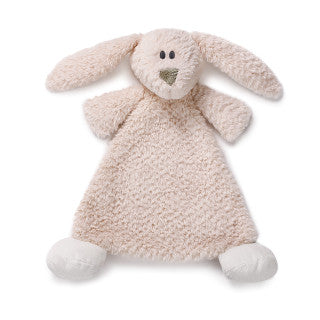 Cream-colored plush bunny rattle blankie with long floppy ears, embroidered face, and soft cuddly fabric, 13 inches wide.