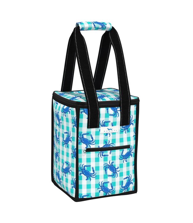 Medium soft cooler in Leonardo Da Pinchy print with zip closure, exterior pockets, and reinforced handles. Holds up to 5 wine bottles upright.