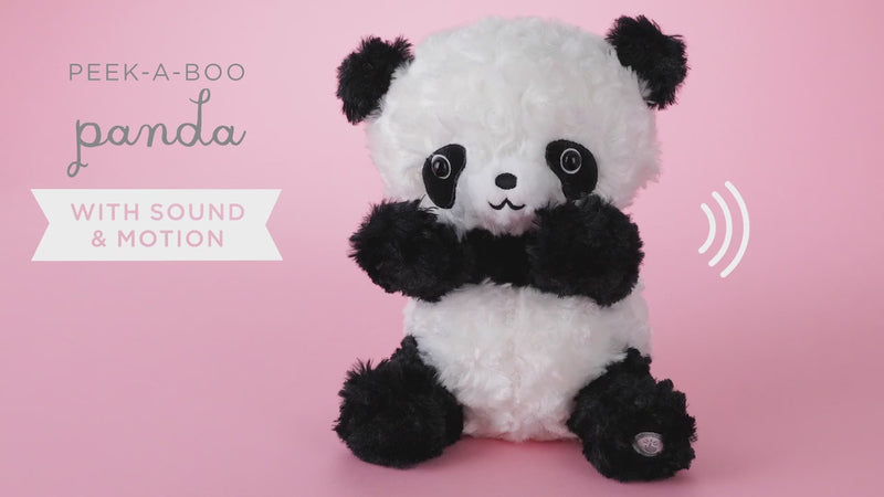 Soft plush panda toy sitting upright with its paws raised, designed to play peek-a-boo and speak phrases when activated