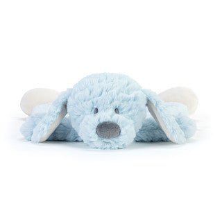 Tan plush dog rattle blankie with floppy ears, embroidered face, and ultra-soft textured fabric, 13 inches wide.