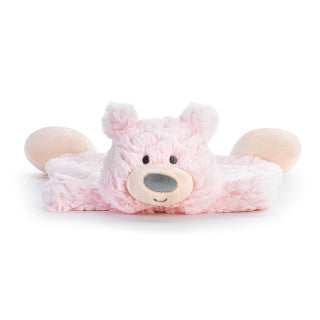 Pink plush bear rattle blankie with embroidered features, soft texture, and easy-to-hold shape, 13 inches wide.