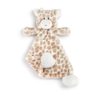 Yellow plush giraffe rattle blankie with embroidered face, ultra-soft fabric, and 13-inch cuddly shape.

