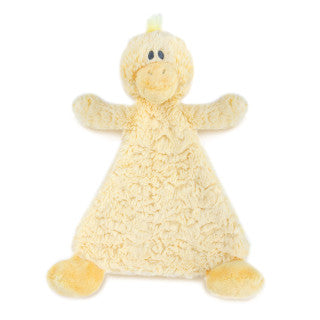 Yellow plush duck rattle blankie with orange beak, soft textured fabric, and a 13-inch cuddle-friendly design.