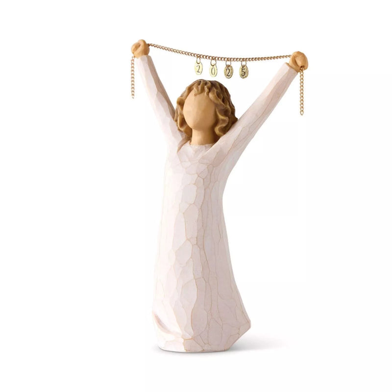 Willow Tree Courage 2025 angel figurine with wire wings, standing with both arms raised in a gesture of strength and hope.