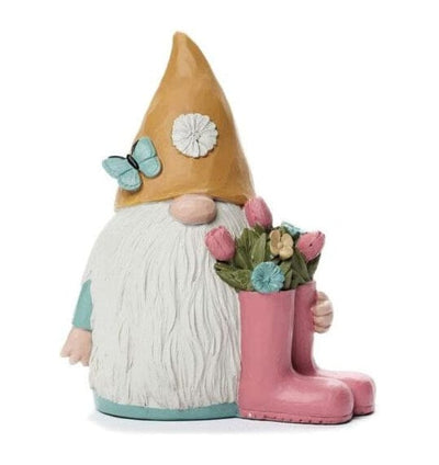 Blossom Bucket garden gnome figurine wearing red hat with white polka dots, holding pink watering can and gardening gloves