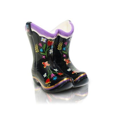 Nora Fleming western boots mini in brown with detailed stitching; fun country-themed accent for parties; hand wash only.

