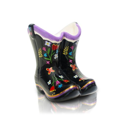 Nora Fleming western boots mini in brown with detailed stitching; fun country-themed accent for parties; hand wash only.

