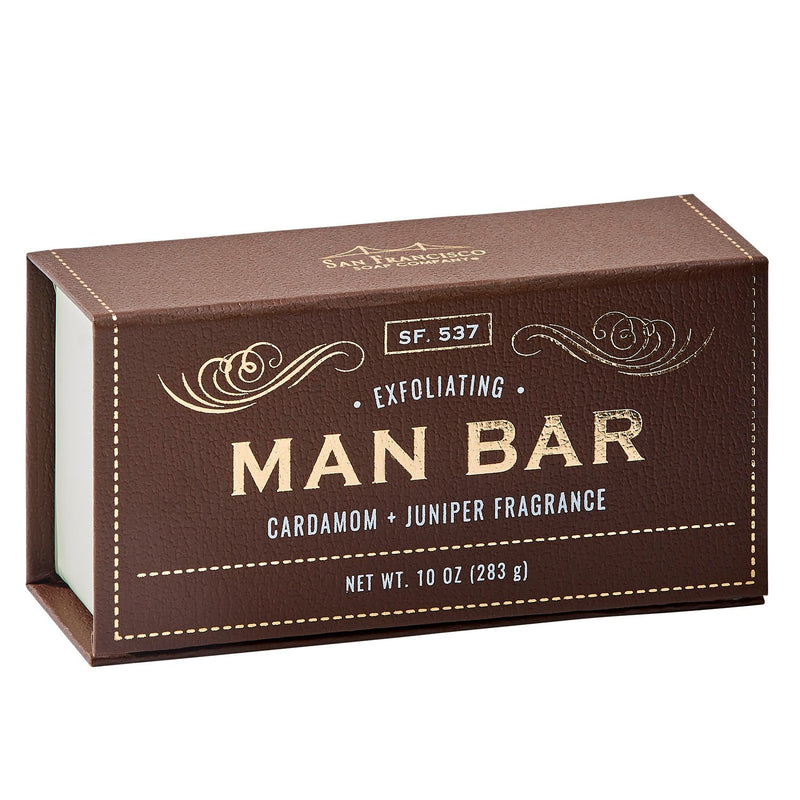  Exfoliating Cardamom & Juniper Man Bar soap in leather-textured folding box, 10 oz triple-milled moisturizing exfoliating bar.