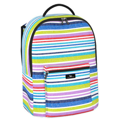 Scout Pack Leader backpack in Sidewalk Chalk print with padded straps, laptop sleeve, mesh bottle pocket, and multiple zip compartments.